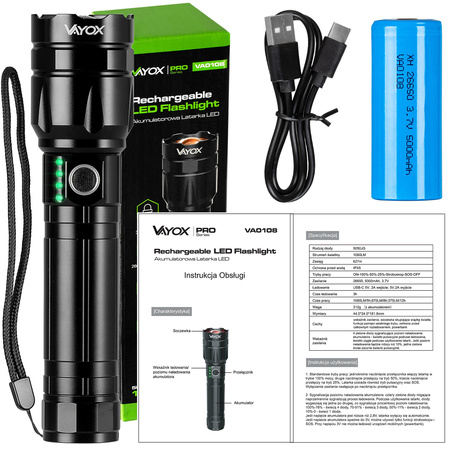 Latarka Taktyczna LED Lampka Ręczna Mocna 30W 1060lm Pro Series VA0108 Vayox