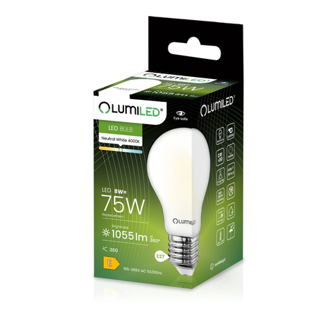 Żarówka LED E27 A60 8W = 75W 1055lm 4000K Neutralna 360° FILAMENT LUMILED
