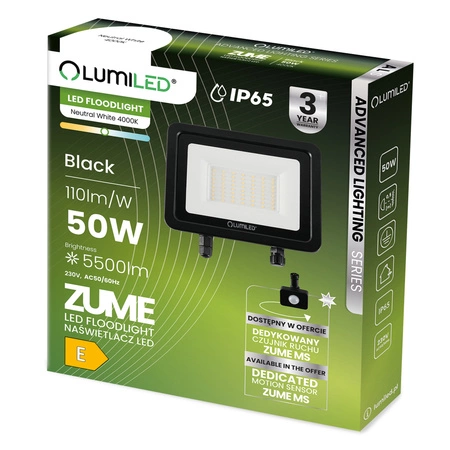 Naświetlacz z Czujnikiem Ruchu LED ZUME 50W 5500lm 4000K IP65 Czarny Advanced Lighting Series LUMILED