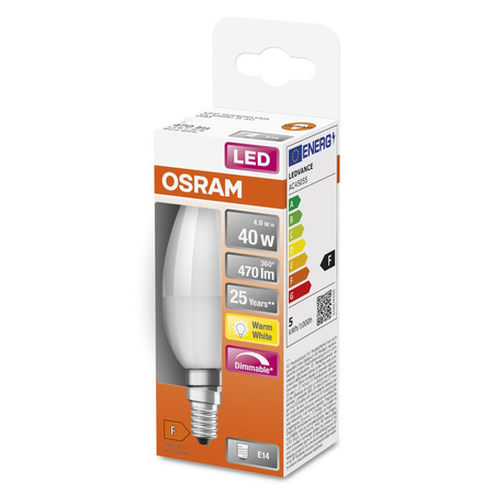 Żarówka LED B35 Świeczka E14 4.9W = 40W 470lm 2700K Ciepła 240° Ściemnialna SUPERSTAR Osram