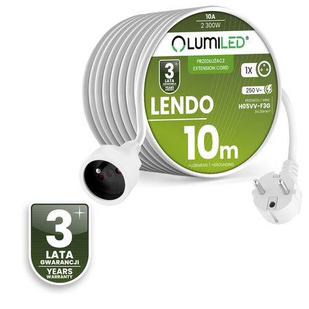 Przedłużacz Sieciowy Kabel z Uziemieniem Listwa Zasilająca 1 Gniazdo 10m Biały Sznur Lendo Lumiled
