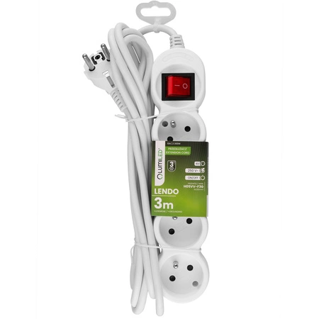 Przedłużacz Sieciowy Kabel z Uziemieniem Listwa Zasilająca 4 Gniazda 3m Włącznik ON/OFF Biały Sznur Lendo Lumiled
