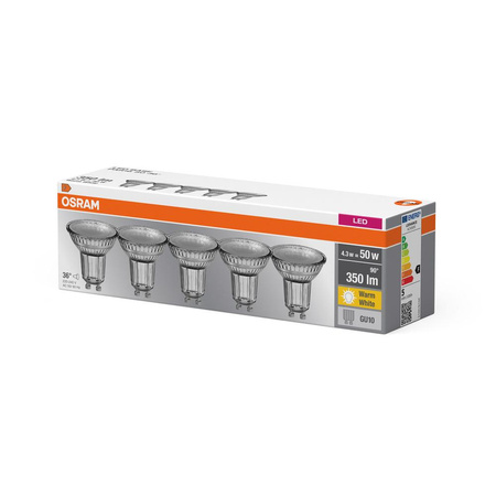 5x Żarówka LED PAR16 Reflektor GU10 4.3W = 50W 350lm 2700K Ciepła 36° BASE Osram