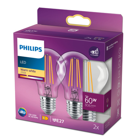 Zestaw 2x Żarówka LED E27 A60 7W = 60W 806lm 2700K Ciepła Filament PHILIPS
