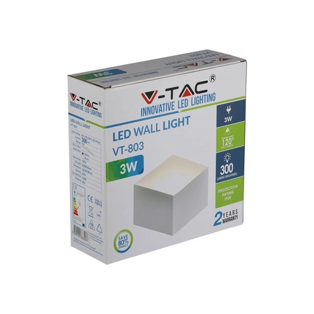 Lampa Elewacyjna Ścienna LED 3W 4000K IP20 Kinkiet Biała SAMSUNG CHIP VT-803 V-TAC