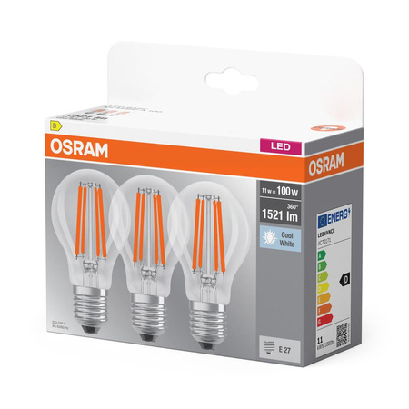 3x Żarówka LED A60 E27 11W = 100W 1521lm 4000K Neutralna 300° BASE Osram