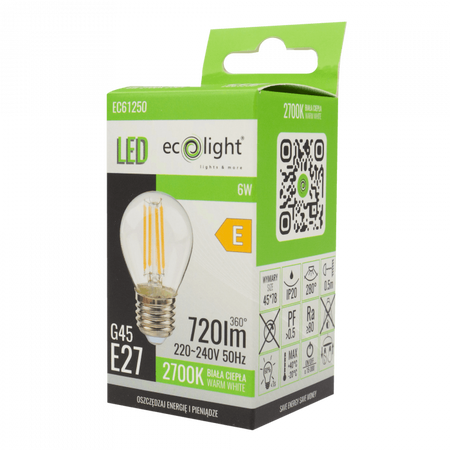 Żarówka LED Kulka P45 E27 6W 720lm 2700K Ciepła FILAMENT Ecolight