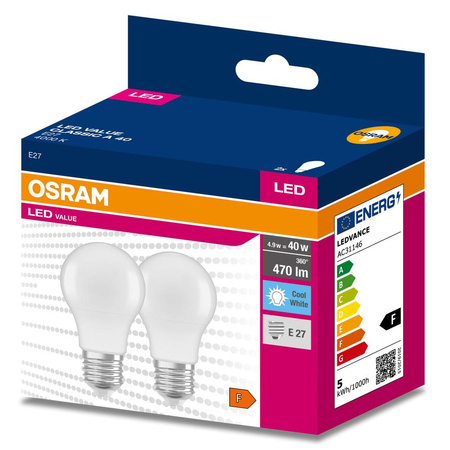 2x Żarówka LED A55 E27 4.9W = 40W 470lm 4000K Neutralna 200° VALUE CLASSIC Osram