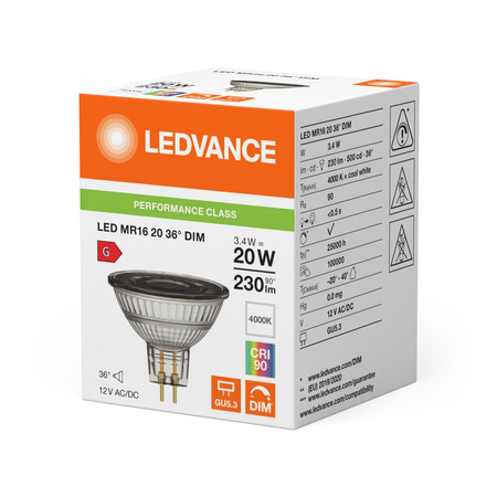 Żarówka LED MR16 GU5.3 3.4W = 20W 230lm 4000K Neutralna Biała 12V FILAMENT ŚCIEMNIALNA LEDVANCE