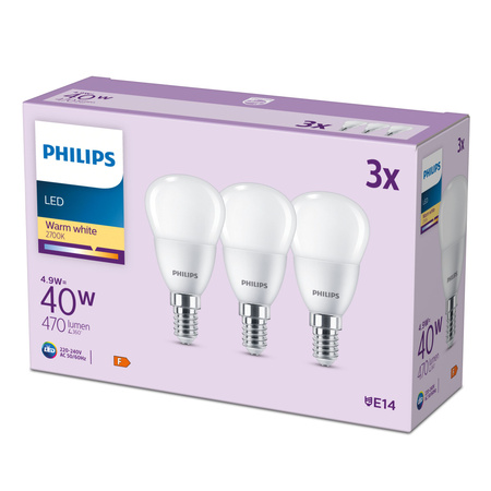 3x Żarówka LED E14 Kulka P45 4.9W = 40W 470lm 2700K Ciepła EC Multipack Philips