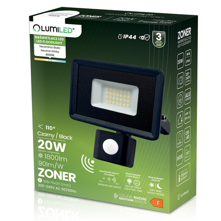 Naświetlacz LED ZONER 20W 1800LM 4000K IP44 Czarny Czujnik Ruchu LUMILED