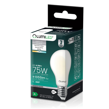 6x Żarówka LED E27 A60 4,9W 1055lm = 75W 4000K Neutralna 360° Filament KLASA A LUMILED