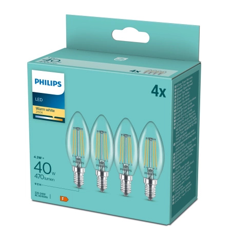 4x Żarówka LED E14 Świeczka B35 4.3W = 40W 470lm 2700K Ciepła 300° FILAMENT Essential Philips