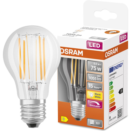 Żarówka LED E27 A75 8W = 75W 1055lm 2700K Ciepła 320° Filament OSRAM STAR DIM