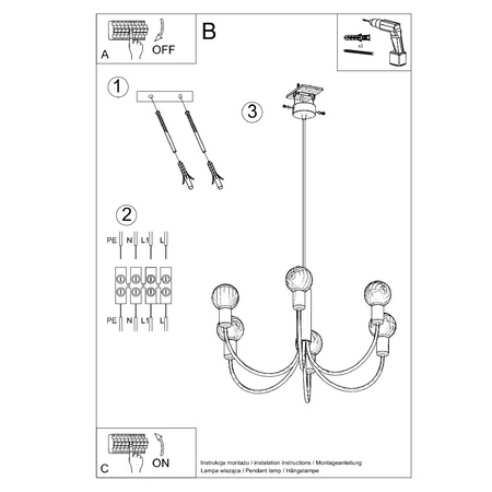 Lampa Sufitowa Wisząca Zwis 5x E27 Żyrandol Nieregularna Czarna Nowoczesna Piccolo Sollux