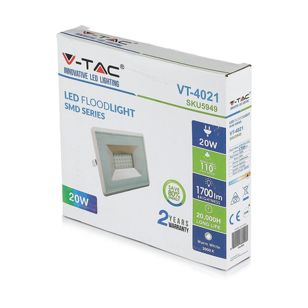 Naświetlacz LED 20W 1700lm 6500K IP65 Biały SMD VT-4021W V-TAC