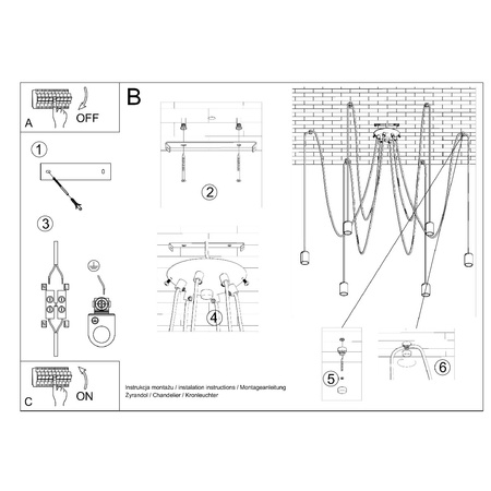Lampa Sufitowa Wisząca Zwis 5x E27 Nieregularna Czarna Industrialna Edison Sollux