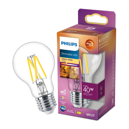 Żarówka LED E27 A60 3.4W = 40W 470lm 2700 Ciepła Filament PHILIPS  Ściemnialna