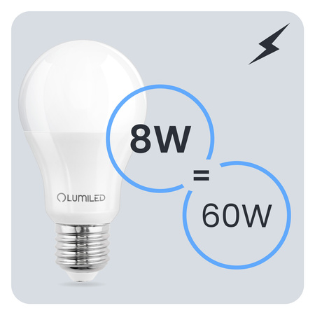 Żarówka LED E27 A60 8W = 60W 806lm 6500K Zimna 260° LUMILED