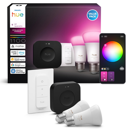 2x Żarówka LED E27 A60 8.1W = 75W 1100lm CCT + RGB SMART Inteligentna Bluetooth ZigBee White and Color Ambiance + Mostek Bridge PRO + Regulator Pilot Philips HUE