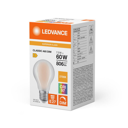 Żarówka LED E27 A60 7.2W = 60W 806lm 2700K Ciepła 320° CRI97 Ściemnialna Ledvance