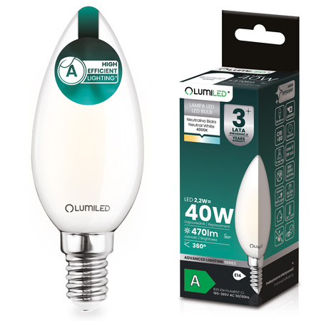 Żarówka LED E14 Świeczka B35 2,2W 470lm = 40W 4000K Neutralna 360° Filament KLASA A LUMILED