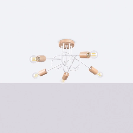 Lampa Sufitowa Żyrandol Pająk Wisząca 5x E27 Naturalne Drewno Biała Ember Peach Puff SL.1475 Sollux