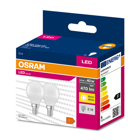 2PAK Żarówka LED E14 P45 4,9W = 40W 470lm 2700K Ciepła 200° OSRAM VALUE