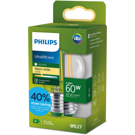 Żarówka LED E27 Kulka P45 3.8W = 60W 806lm 212lm/W 2700K Ciepła 300° KLASA A UltraEfficient Philips