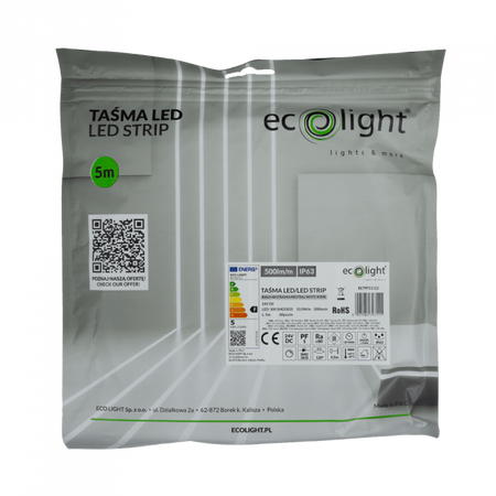 Taśma LED Pasek SMD 2835 10.8W/m 500lm/m 60LED/m 24V 4000K Neutralna IP63 Rolka 5m Ecolight