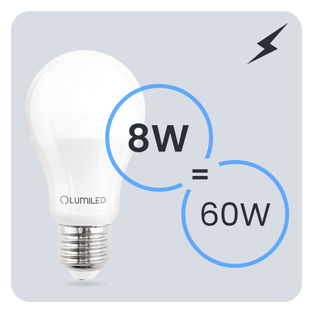 Żarówka LED E27 A60 8W = 60W 880lm 6500K Zimna 260° LUMILED
