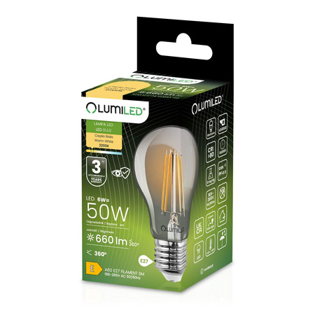 Żarówka LED E27 A60 6W = 50W 660lm 2200K Ciepła 360° DYMIONA FILAMENT LUMILED