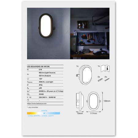 Lampa LED Przemysłowa Zewnętrzna Kinkiet Elewacyjny 6W 420lm 4000K IP54 Czarny z Modułem Awaryjnym Bulkhead Ledvance