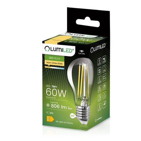 Żarówka LED E27 A60 7W = 60W 806lm 3000K Ciepła 360° FILAMENT LUMILED