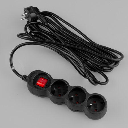Przedłużacz Sieciowy Kabel z Uziemieniem Listwa Zasilająca 3 Gniazda 5m Włącznik ON/OFF Czarny Sznur Lendo Lumiled