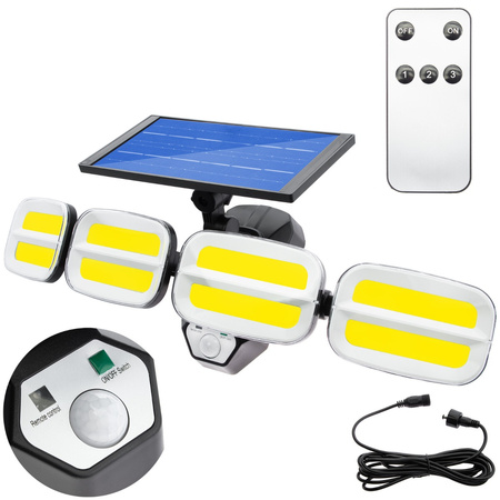 Naświetlacz solarny lampa 4x COB LED 20W 800lm Zimna czujnik ruchu IP65 + Pilot