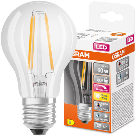 Żarówka LED E27 A60 5,8W = 60W 806lm 2700K Ciepła 300° CRI90 Filament Ściemnialna OSRAM SUPER STAR+