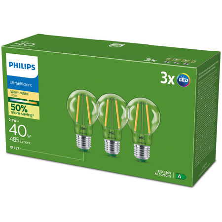 3x Żarówka LED E27 A60 2.3W = 40W 485lm 210lm/W 2700K Ciepła 300° KLASA A UltraEfficient Philips