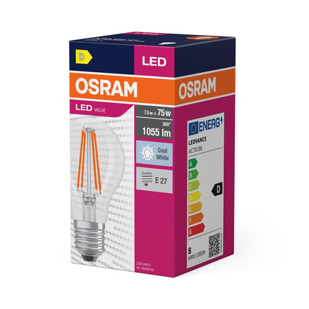 Żarówka LED A60 E27 7.5W = 75W 1055lm 4000K Neutralna 300° VALUE CLASSIC Osram