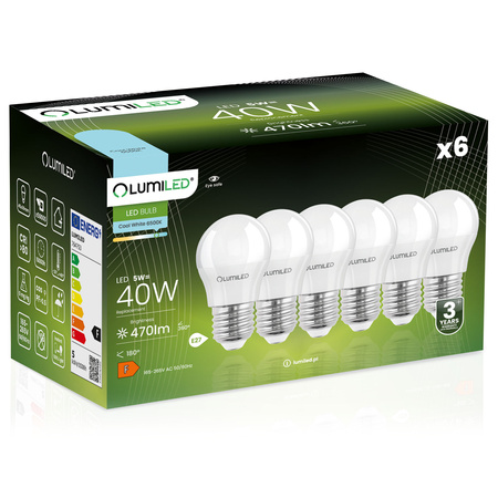 Zestaw 6x Żarówka LED E27 P45 5W = 40W 470lm 6500K Zimna 180° LUMILED