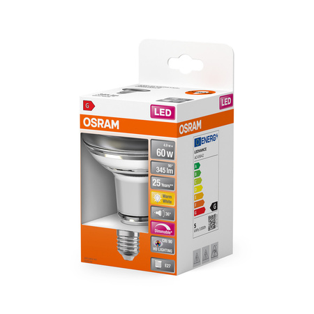 Żarówka LED R80 Reflektor E27 4.9W = 60W 345lm 2700K Ciepła CRI90 36° Ściemnialna SUPERSTAR Osram