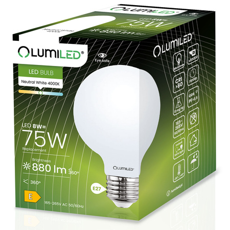 Zestaw 3x Żarówka LED E27 G95 8W = 75W 4000K Neutralna Globe Mleczny Filament LUMILED