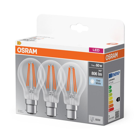 3x Żarówka LED A60 B22d 6.5W = 60W 806lm 4000K Neutralna 300° BASE Osram