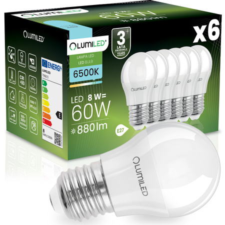 6x Żarówka LED E27 Kulka P45 8W = 60W 880lm 6500K Zimna 180° LUMILED