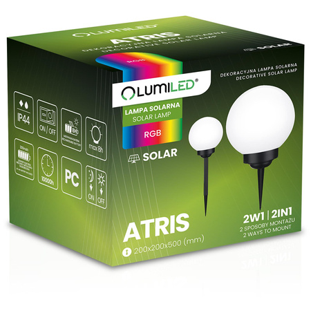 Lampa Solarna Ogrodowa LED ATRIS Wbijana Naziemna Biała Kula 20cm RGB LUMILED