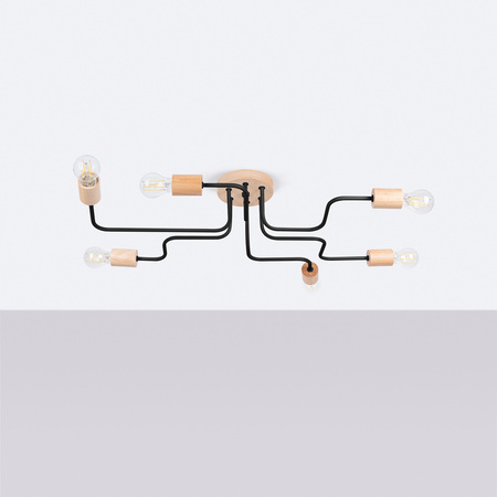 Lampa Sufitowa Żyrandol 6x E27 Naturalne Drewno Czarna Timbo Peach Puff SL.1670 Sollux