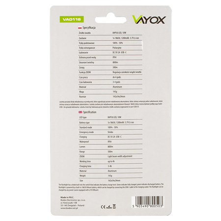 Latarka Taktyczna LED Lampka Ręczna Mocna XHP50 800lm ZOOM USB-C VA0116 Vayox
