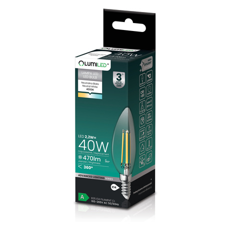 10x Żarówka LED E14 Świeczka B35 2,2W 470lm = 40W 4000K Neutralna 360° Filament KLASA A LUMILED