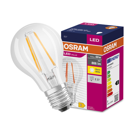 Żarówka LED E27 A60 6,5W = 60W 806lm 2700K Ciepła 300° Filament OSRAM