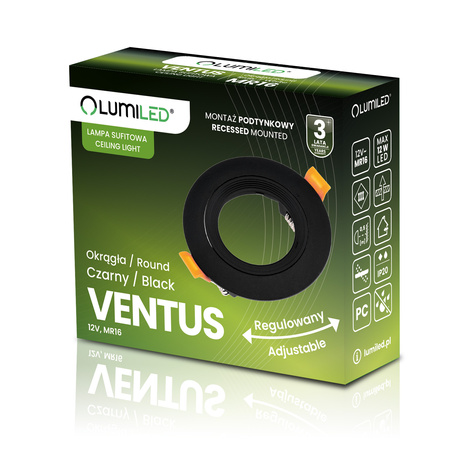 Oprawa Halogenowa Podtynkowa Ruchoma Okrągła Czarna GU10 MR16 VENTUS Lumiled